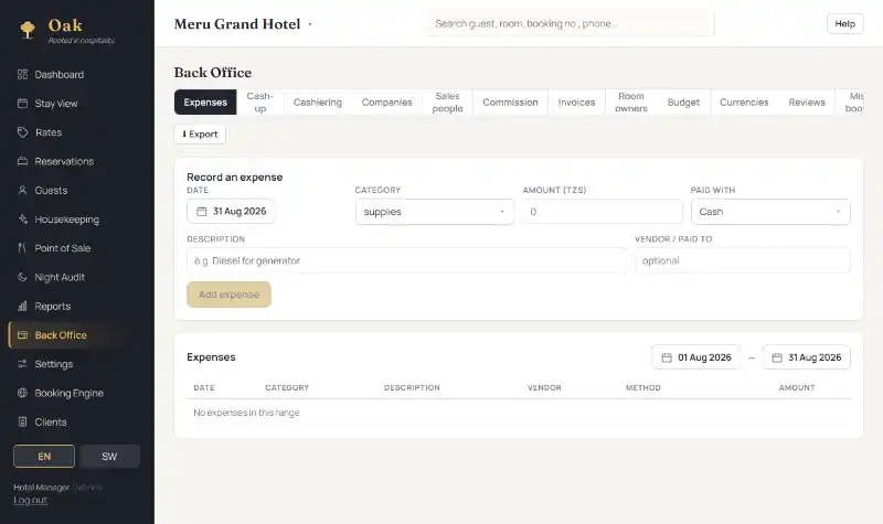 Oak's back office, with tabs for expenses, cash-up, cashiering, companies, commission, invoices, budget and more.
