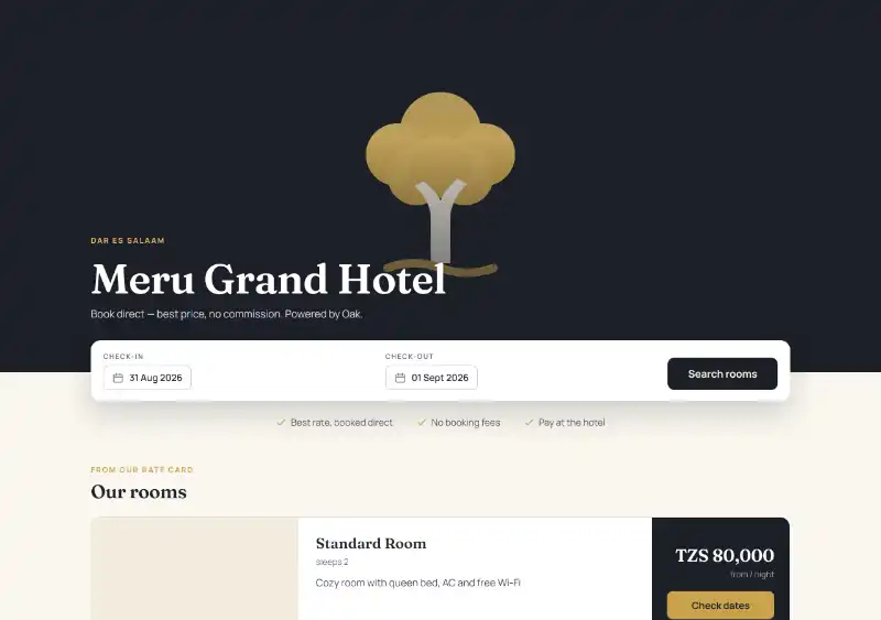 A property's own Oak booking page, showing its name, room types and nightly rates in shillings.