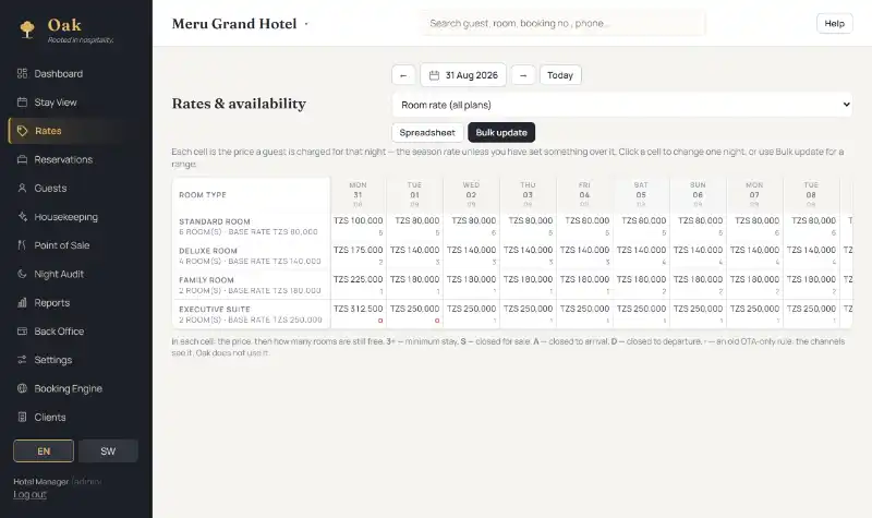 Oak's rate and availability calendar, showing nightly prices and rooms available for each room type.